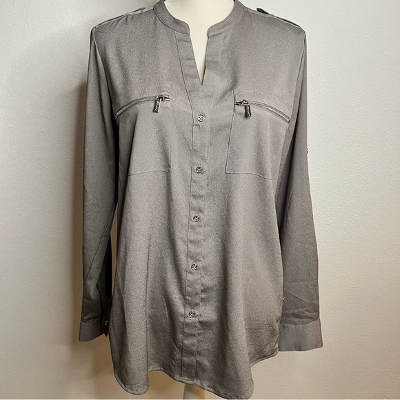 Calvin Klein Women Blouse M Silver Button Up Long Sleeve Button Roll Up Sleeves - Picture 1 of 12